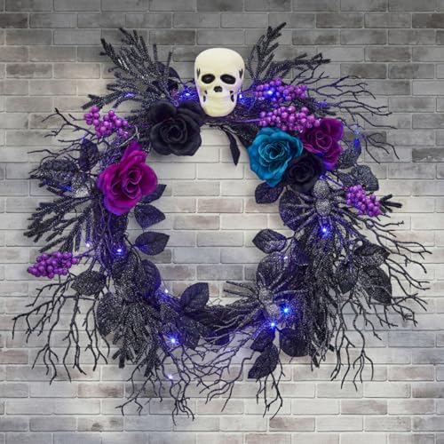 GarveeLife Halloween Skull Wreath for Front Door with Lights, 20 in Pre-Lit Black Purple Rose Spider, Gothic Garland Creepy Decor for Home Wall Porch Outdoor Indoor by GarveeLife