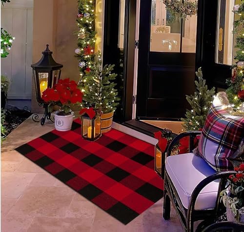 Christmas Door Mats Outdoor Rug 24'' x 35'' Red and Black Outdoor Machine Washable Welcome Mats Cotton Hand-Woven Entryway Rug for Front Porch/Entryway/Laundry/Bathroom/Bedroom - Image 5