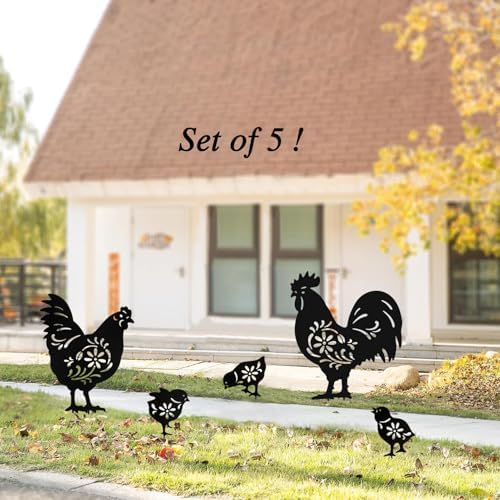 Metal Chicken Garden Decor,Black Silhouette Rooster Hen Outdoor Yard Stakes - Image 2