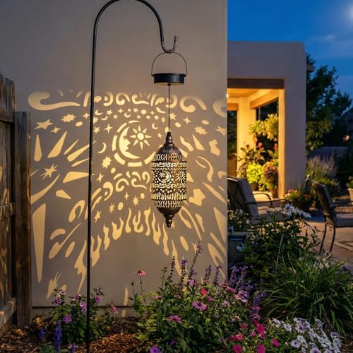 Hapjoy Moroccan Hanging Solar Lights Outdoor Garden Decor Sun and Moon Decorations Solar Lantern Waterproof for Patio Pathway Yard Backyard Garden Decorative (Cylinder, 2) - Image 2