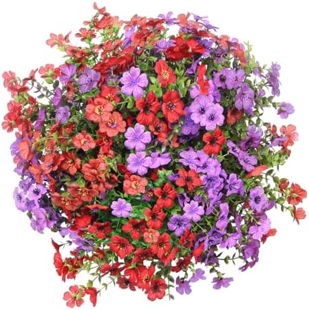 Artificial Hanging Faux Flowers Basket, Fake Silk Daisy Eucalyptus Plants Arrangement,for Spring Summer Outdoor Decoration,UV Resistant, Coconut Planter,Look Real for Home Garden Decor (Purple Red) - Image 2