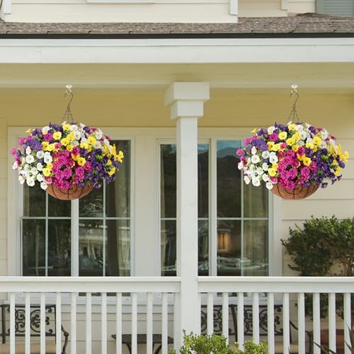 Ivydale Artificial Faux Hanging Plants Flowers Basket for Fall Outdoors Decoration, Fake Silk Colorful Morning Glory with Eucalyptus Look Real UV Resistant for Outside Porch Patio Balcony Garden Home - Image 3