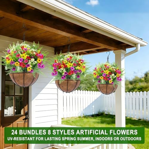24 Bundles 8 Styles Artificial Flowers for Outdoors UV Resistant Fake Flowers Faux Plastic Plants Colorful Daisy Boston Fern Lavender Cemetery Flowers for Outside Indoor Home Porch Patio Spring Decor - Image 5