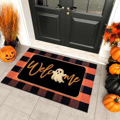 2 Pcs Halloween Door Mat Combo Set Ghost Welcome Doormat + 28" x 43" Orange and Black Buffalo Plaid Rug for Fall Thanksgiving Halloween Porch Entryway Indoor Outdoor Decor by Unknown