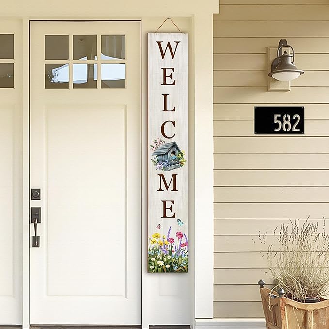 Summer Welcome Sign for Front Porch Standing, Hello Summer Nest Porch Sign for Front Door Decor, Farmhouse Bird Flowers Hanging Wall Sign for Garden Decorations 47.2"H - Image 2