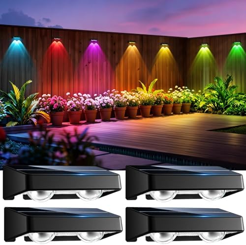 Solar Fence Lights Outdoor, 4 Pack Color Changing Fence Lights Solar Powered with 9 RGB Colors & 11 Lighting Modes, IP65 Waterproof Dusk to Dawn Fence Lights for Patio, Deck, Wall, Backyard by NIBUUECER
