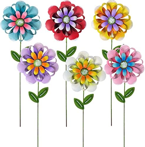 Metal Flower Garden Stakes, 6 Pc. Set, Large Colorful Decorative Landscape and Gardening Outdoor Decor, Lawn and Yard Ornament, Rust and Weather Resistant by ABELOTS