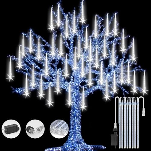 Christmas Lights Meteor Shower Rain Light Falling Rain Lights with 8 Tubes 192 LEDs Waterproof Icicle Snow Fall String Lights for Party Tree Home Patio Outdoor Decoration(8 Tubes,White) by FYYZY