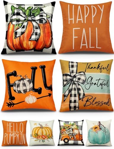 multiwins Fall Decorations Set of 4 Double-Sided Print Pillow Covers 16" x 16", with 8 Cute Fall Decor Patterns, Soft Linen Throw Pillow Covers for Outdoor & Indoor Use, Perfect for Thanksgiving by multiwins
