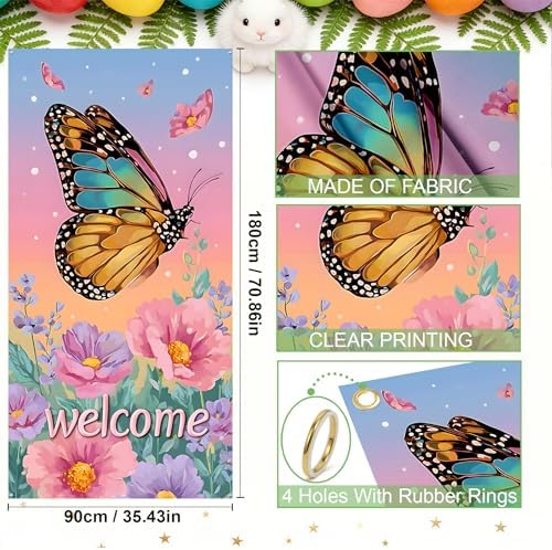 NYZE Butterfly Welcome Spring Door Covers For Front Door 35.4 x 70.8 Inch Door Banner Spring Porch Backdrop Sign Outdoor Indoor Spring Decorations - Image 2
