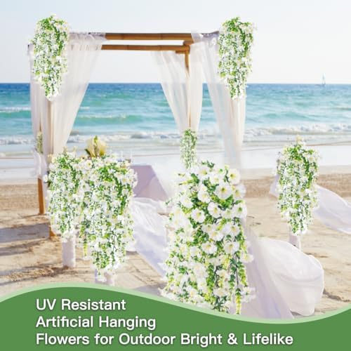 Artificial Flowers for Outdoors Fake Morning Glory Hanging Flower Decoration, 6 Pcs Realistic Faux Plants Petunias Trailing Vines, Spring Summer Decor for Porch Patio Balcony Planter Yard(White) - Image 5