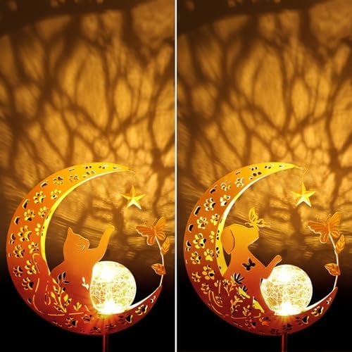 Solar Garden Decor Outdoor Statue, 2 Pack Moon Fairy Garden Figurines with Cat&Dog Design Birthday Gifts for Mom Women Grandma Solar Stake Lights for Patio, Yard, Lawn, Pathway (Warm White) - Image 3