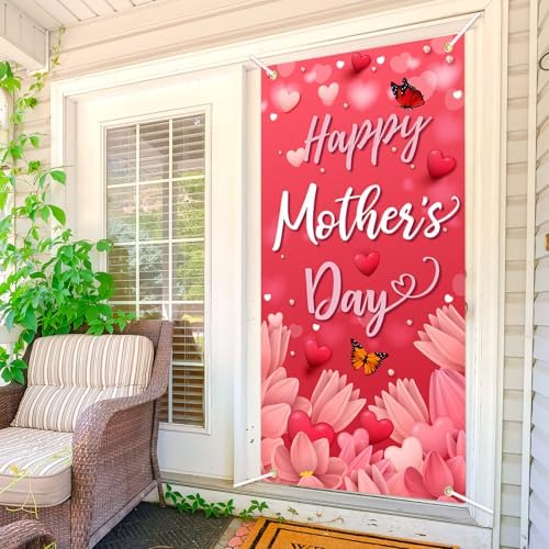 Happy Mother's Day Door Cover Pink Heart Flowers Mom Gifts for Indoor Decoration Photography Background Banner Yard Porch Sign for Spring Outside Front Door Banner Farmhouse Party Supplies 6 x 3 Feet - Image 7