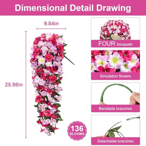 Artificial Hanging Flowers for Outdoors, 4 PCS 544 Blooms UV Resistant Morning Glory Faux Silk Vines, No-Odor Realistic Fake Plants for Garden Planter Porch Patio Decoration, Fuchsia Pink - Image 4