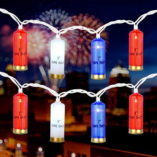 8.5Ft 4th of July String Lights, 10 LED Red White Blue Shotgun Shell Lights by Jasneniebo