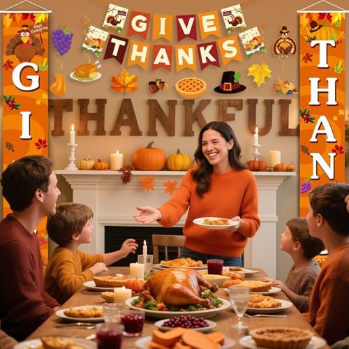 Thanksgiving Decorations Pre-Assembled GIVE THANKS Banner Hanging Swirls Porch Door Sign for Fall friendsgiving Party Home Office Classroom School Indoor outdoor Decor - Image 2