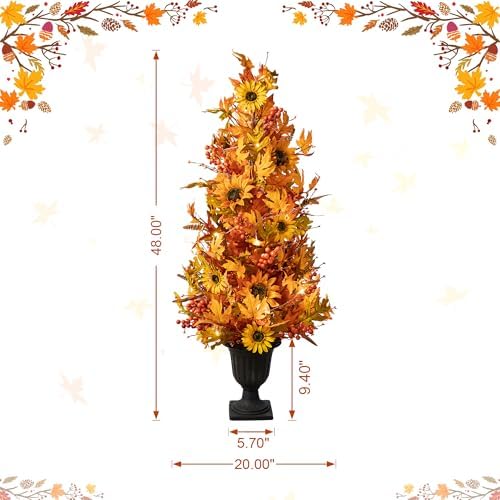 Glitzhome 4FT Lighted Maple Tree, Artificial Fall Autumn Porch Tree with 20 Warm White LEDs & Timer for Autumn Fall Harvest Thanksgiving Christmas Decoration - Image 3