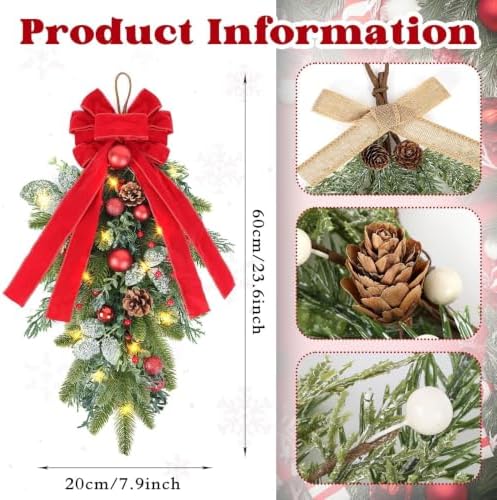2 PCS 24" Artificial Christmas Teardrop Swag Norfolk Pine Teardrop Door Swag Xmas Cedar Swags Wreath with Berry Pinecone for Front Door Winter Cabinet Mantle Fireplace Wall Indoor Outdoor Home Decor - Image 3