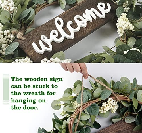 Sggvecsy Green Eucalyptus Wreath with Welcome Sign 20in Artificial Spring Summer White Berries for Front Door Wall Window Festival Farmhouse Porch Patio Garden Decor, White,green - Image 6