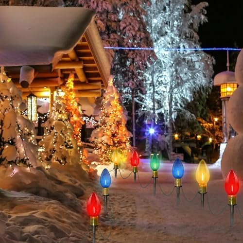 Abeja 2 Pack 7Ft C9 Outdoor Pathway Lights, Outdoor Christmas Pathway Markers Stakes Lights with 8 Jumbo C9 Multicolor LED Bulbs, Connectable Christmas Yard Decoration for Driveways Garden Holiday - Image 6