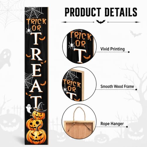 Trick or Treat Welcome Sign, Halloween Pumpkin Wooden Porch Sign For Patio, 47" Fall Boo Front Door Signs All Seasons Decor Standing Yard Signs Holiday Vertical Signs for Outdoor Indoor Wall Garden - Image 6