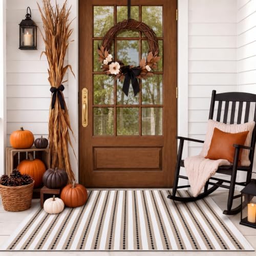 Moucuny 2'4'' X 3'7'' Khaki Black White Fall Vertical Stripe Outdoor Rug by Moucuny