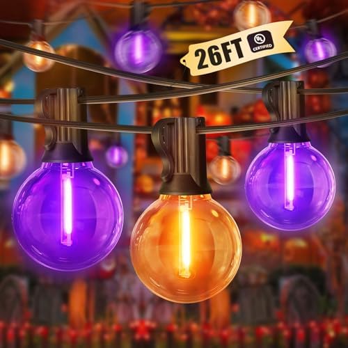 LAMPHOME Orange & Purple ST38 LED Outdoor String Lights,26FT Patio Lights with 12+1 Shatterproof Edison Bulbs,UL Waterproof Connectable Dimmable Hanging Lights for Halloween Backyard Porch Decor by ULL