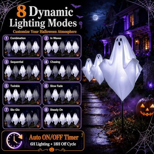 10 Pack Pre-Lit Halloween Ghost Pathway Lights w/ 240 LEDs & 8 Modes - Image 5