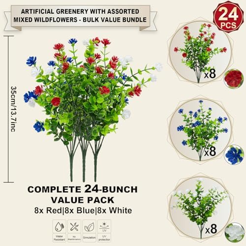 Hananona 24 Pcs Artificial Flowers Outdoor, Faux Artificial Plants UV Resistant Plastic Patriotic Flower Bulk for 4th of July Hanging Planter Porch Window Home Summer Decor (24, Red, White, Blue) - Image 2