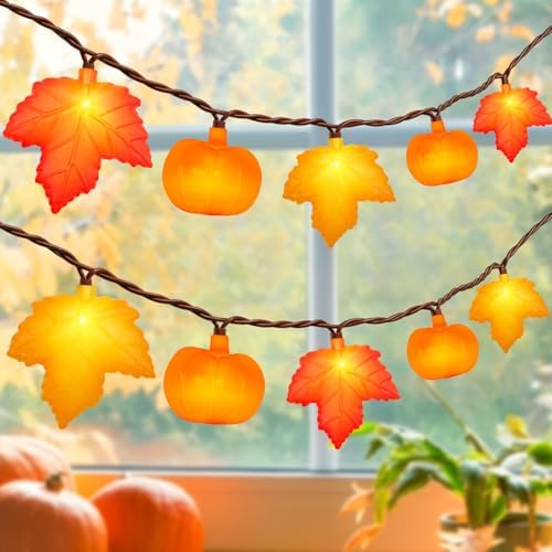20 LED Fall Thanksgiving Decor Orange Maple Leaf & Pumpkins String Lights, 12Ft Fall String Lights Plug in, Outdoor Indoor Fall Decorations for Home Porch Fireplace Harvest Party Thanksgiving Decor by PASUTO