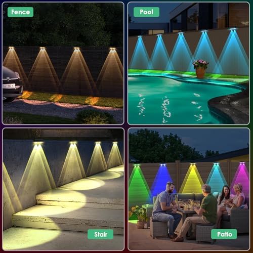 Solar Fence Lights Outdoor - Warm White & RGB 6 Color, Dusk to Dawn Deck Light, IP55 Waterproof Garden Lights for Outside/Backyard/Railing/Step/Patio/Wall (2PK) - Image 6