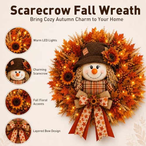 Lighted Scarecrow Fall Wreath for Front Door (M) - Image 2
