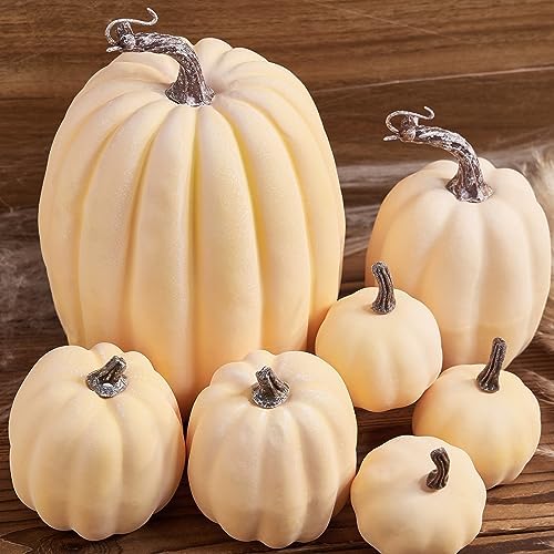 Lizxun 7Pcs Artificial Pumpkins Halloween Decoration, Lifelike Simulation Mixed Harvest Fall Foam Pumpkins for Halloween Thanksgiving Home Party Supplies (Beige Yellow 01-7pcs) - Image 4