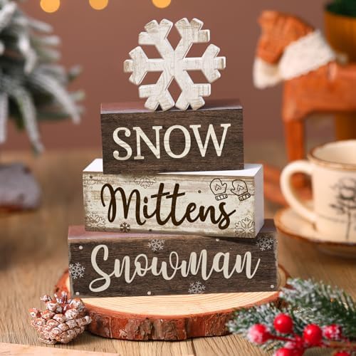 Moucuny 4 Pcs Wooden Snowman Block Signs Farmhouse Table Decoration - Image 3