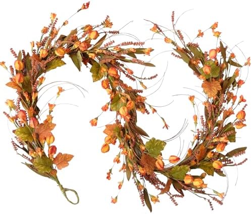 Fall Garland for Front Door, 82" Autumn Orange Maple Floral Wreath with Forsythia, Harvest Garland for Festival Thanksgiving Farmhouse Wall Home Decor by idyllic