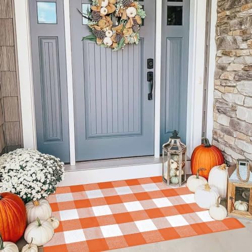 Buffalo Plaid Rug 28 x 43 Inches Fall Outdoor Front Door Decor Mat, Cotton Washable Hand-Woven Rug for Layered Doormat, Autumn Halloween Thanksgiving Carpet for Porch (Orange and White Plaid) by Giaueoa