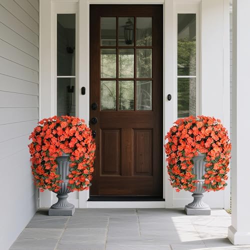 Artificial Fake Fall Hanging Flowers Plants for Outdoor Outside, 2PCS Faux Silk Orange Daisy Mums Trailing Vines UV Resistant Realistic Orchid for Autumn Front Door Porch Planter Patio Garden - Image 2