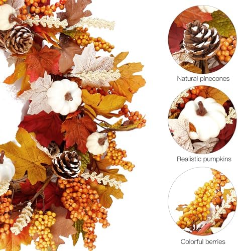 Sggvecsy Fall Wreath 20’’ Autumn Front Door Wreath Harvest Wreath with White Pumpkins Berries Maple Leaves Pine Cones Grain for Outside Indoor Home Wall Festival Thanksgiving Autumn Farmhouse Decor - Image 7