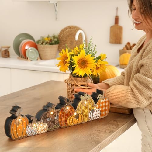 Yousoontic Fall Pumpkin Decor Table Centerpieces Halloween Wooden Pumpkin Sign Decorations with LED Lights 3D Block Autumn Harvest Farmhouse Fall Thanksgiving Decor for Home Mantel Desk Office Party - Image 3