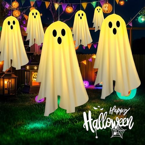 2PACKS Solar Hanging Ghost Lights for Halloween Decorations Outdoor,Light up Spooky Ghosts with Warm Yellow LED Lights,Halloween Floating Light for Yard,Porch,Creepy Party Decor - Image 4