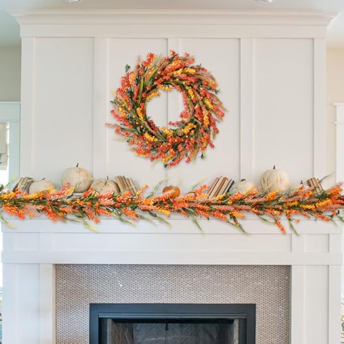 70 Inch Fall Flower Garland with Berries for Front Door, Harvest Orange Floral Wreath Garland for Indoor Outdoor, Fall Artificial Flower Garlands for Home Decor - Image 2