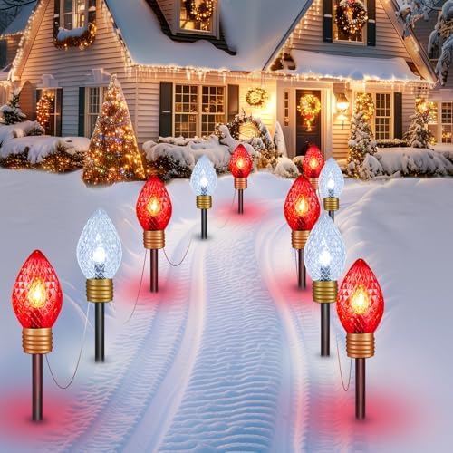 Strawberry Jumbo C9 Christmas Pathway Lights Outdoor - 2Pack Total 17FT 10 LED C9 Walkway Light, Hanging Christmas Lights Outdoor for Lawn Yard Holiday Decorations, Red & Pure White by Moonflor