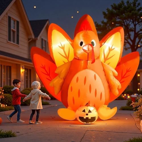 5FT Halloween & Thanksgiving Inflatable Turkey&Pumpin,with Built-in LED Lights, Outdoor/Indoor Seasonal Decoration with Pumpkin, Yard Lawn Garden Holiday Blow-Up Decor by Unknown