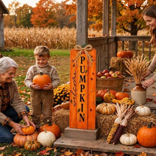 Weysat Fall Pumpkin Porch Sign Thanksgiving Autumn Wooden Welcome Sign Decor for Front Porch Vertical Standing Welcome Decor for Patio Front Door Home Party Wall Yard Farmhouse Outdoor 35 x 12 Inch - Image 6