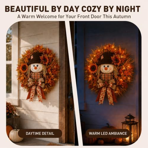 Lighted Scarecrow Fall Wreath for Front Door (M) - Image 4