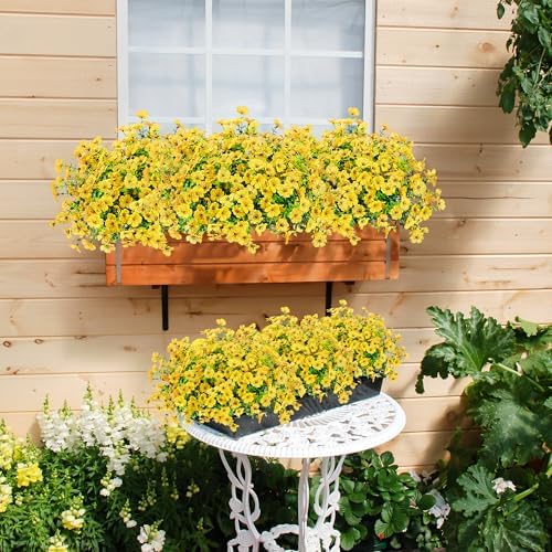 Sggvecsy Artificial Flowers for Outdoors 12 Bundles Realistic Faux Plants UV Resistant Fake Silk Daisy with Eucalyptus for Boxwood Planter Patio Porch Outside Spring Summer Decoration(Yellow) - Image 3