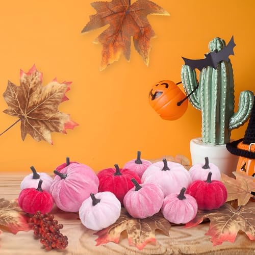 21 PCS Pink Pumpkins Set for Fall Decor, 2 Sizes Fake Velvet Pumpkin Mini Foam Pumpkin for Tiered Tray Bowl Filler Baby Shower Wedding Thanksgiving Halloween Farmhouse Mantel Wreath - Image 6