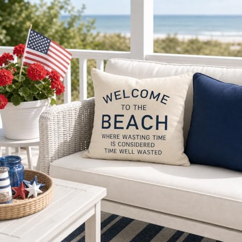 PANDICORN 18x18 Inch Throw Pillow Cover, Welcome to the Beach, Natural - Image 2