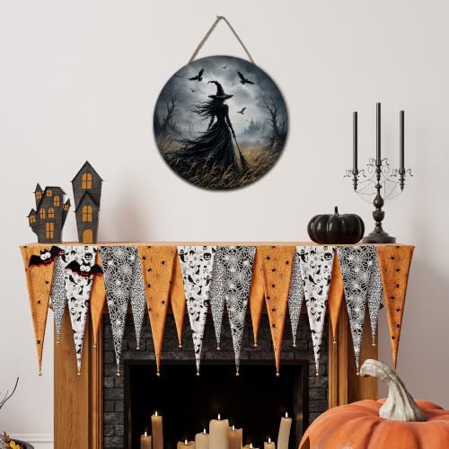 Halloween Gothic Witch Round Door Sign, 10 Inch Wooden Hanging Plaque with Rope, Rustic Retro Wall Decor for Home Porch Entryway Halloween Party Decoration - A07 - Image 3