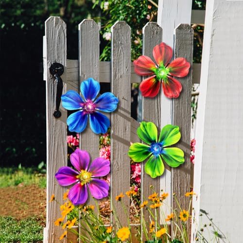 Giyyomtr Metal Flowers Wall Decor - 4pcs Metal Flower Wall Art Hanging Decorations for Outdoor Fence Garden Yard Patio Decor, Gift for Mom Friends - Image 2